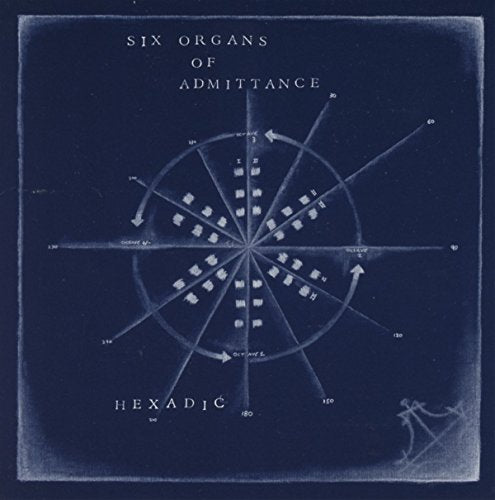 "Album cover with dark blue background, white diagram, and text 'Six Organs of Admittance Hexadic'."