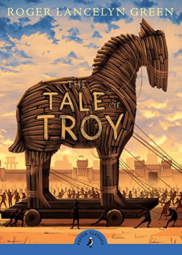 "Book cover featuring a wooden Trojan horse on a cart, with people and cityscape."