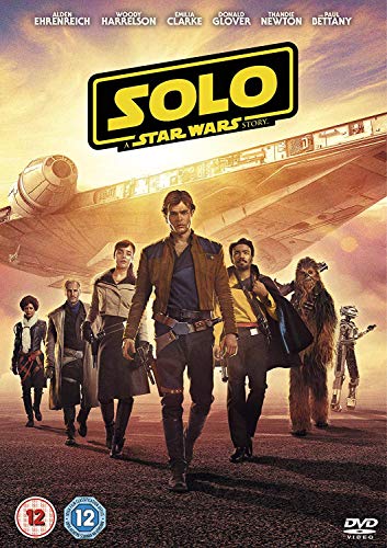 "Solo: A Star Wars Story DVD cover featuring Han Solo and companions with the Millennium Falcon."