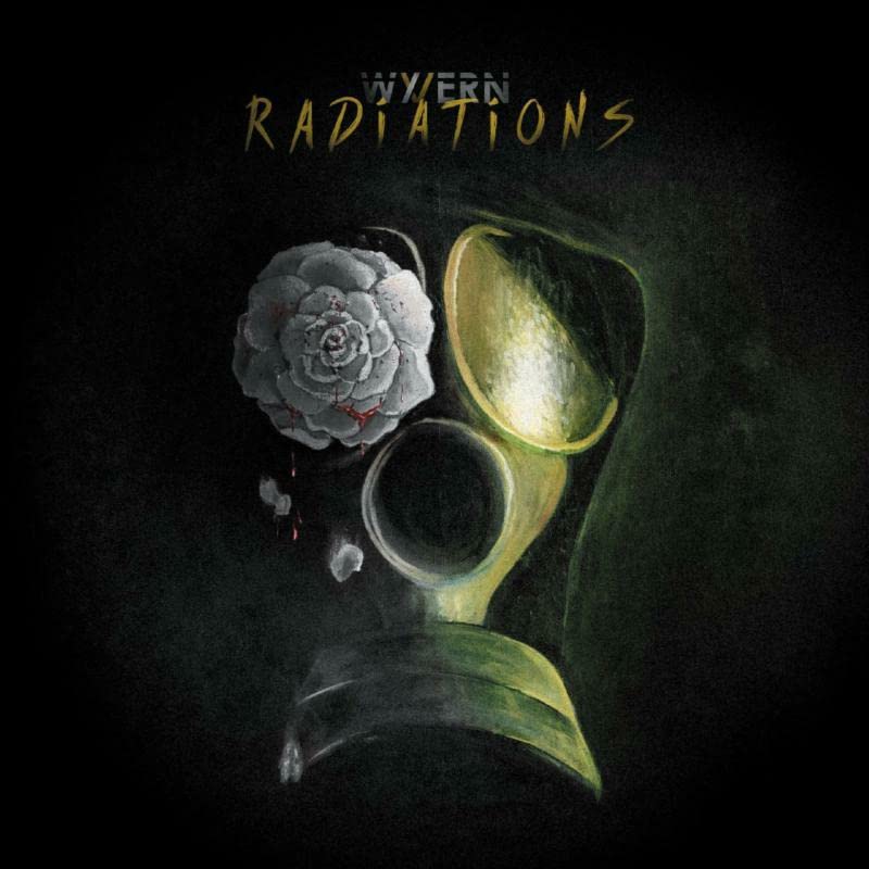 CD cover: dark painting of a gas mask with a white rose.