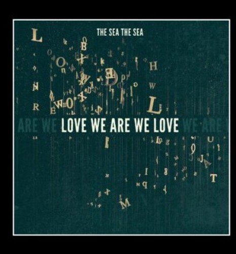 Dark green album cover with white text and scattered letters on a black background.