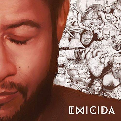 A man's face is beside a CD cover with illustrations and the text "EMICIDA".
