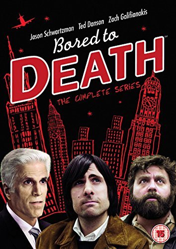 "Bored to Death" DVD cover featuring three men's faces against a red city skyline.