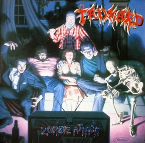 "Album cover art: cartoon people attacked by zombies, with 'Tankard' and 'Zombie Attack' text."