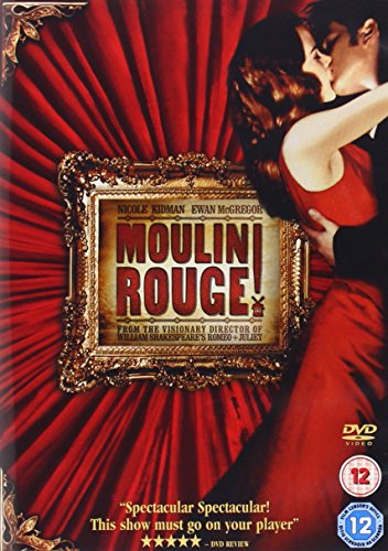 DVD cover for Moulin Rouge featuring Nicole Kidman and Ewan McGregor against red curtains.