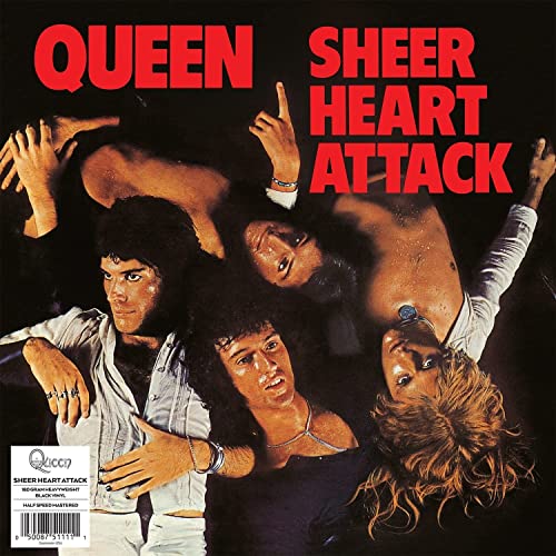 Queen’s “Sheer Heart Attack” album cover with band members in a dynamic pose.