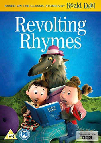 "Revolting Rhymes DVD cover featuring a wolf and children reading a book."