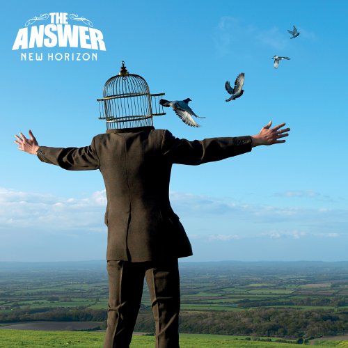 Man in suit with birdcage on head, birds flying out, against a green landscape.
