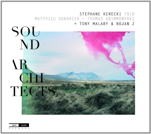 "CD cover with landscape photo, pink abstract shape, and 'Sound Architects' text."