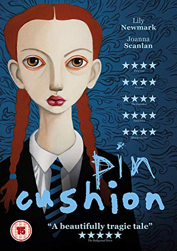 DVD cover for “Pin Cushion” featuring a painted portrait of a young girl.