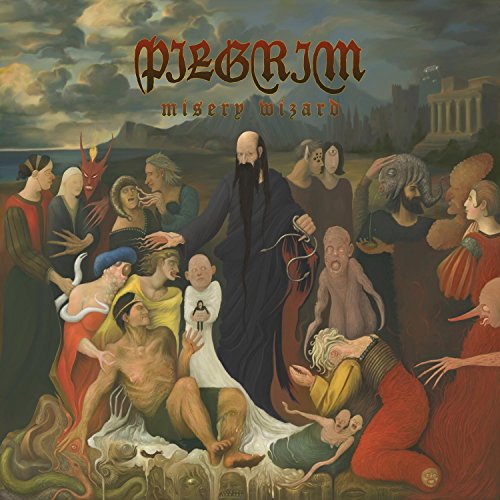 The image depicts the album cover for "Misery Wizard" by Pilgrim, featuring a surreal and fantastical scene. * The cover art is a painting of a man in a long black robe standing in the center, surrounded by various figures. * The man has a long black beard and is holding a staff or whip in his right hand. * He is surrounded by people in different poses, some of whom appear to be suffering or in distress. * In the background, there are buildings and
