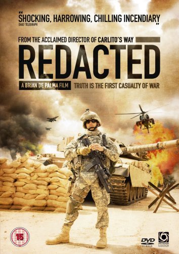 "Redacted DVD cover featuring a soldier standing in front of a burning tank."