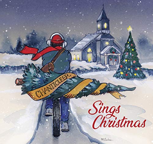 A man rides a bicycle carrying a Christmas tree, with 'CHANTICLEER' written on it.