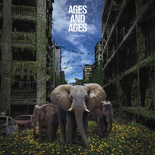 Album cover: elephants in a field before ruined buildings.
