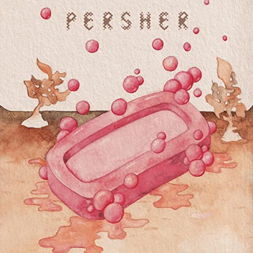 Pink soap bar with bubbles, painted trees, and watercolor texture.