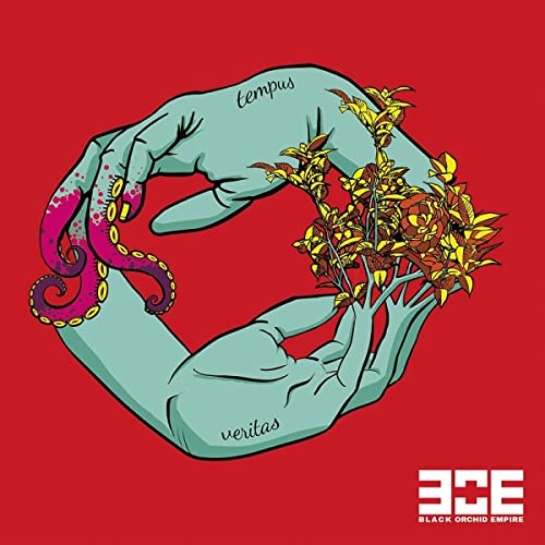 Green hands holding orchids and an octopus, red background, album art.