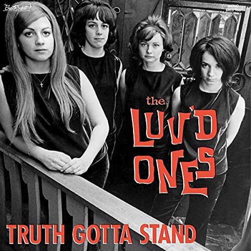 Black and white album cover featuring four young people and red text.