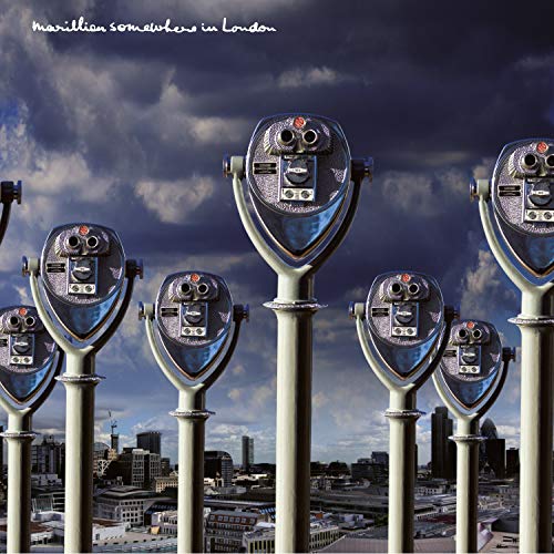 "Marillion album cover featuring coin-operated binoculars overlooking a cityscape under a cloudy sky."