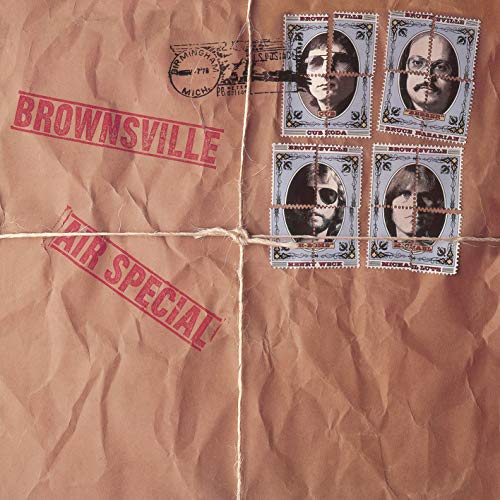 Brownsville album cover: band portraits on postage-stamp-like squares, brown paper texture.