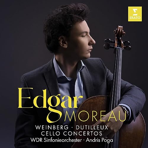 Cellist Edgar Moreau in a suit, holding a cello, album cover.