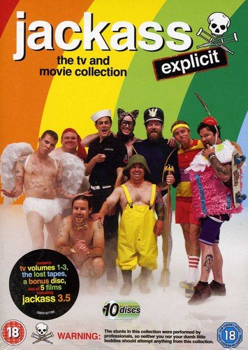 The Jackass cast in various costumes stands against a rainbow background on this DVD cover.