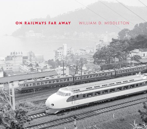 "Book cover with black and white train image and red title text."