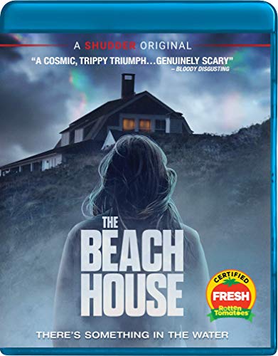 Blu-ray cover for horror film "Beach House" featuring a house and woman’s back.