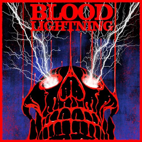 Skull with glowing red eyes and white lightning against a dark background.
