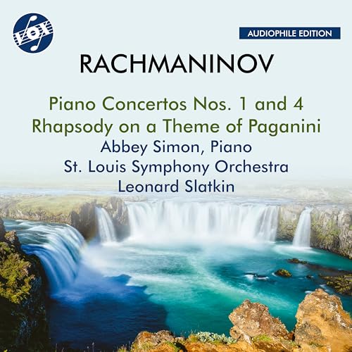 Rachmaninov piano concertos CD cover with a waterfall landscape.