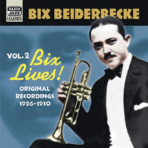 Bix Beiderbecke portrait with trumpet, album cover for “Bix Lives!” CD.