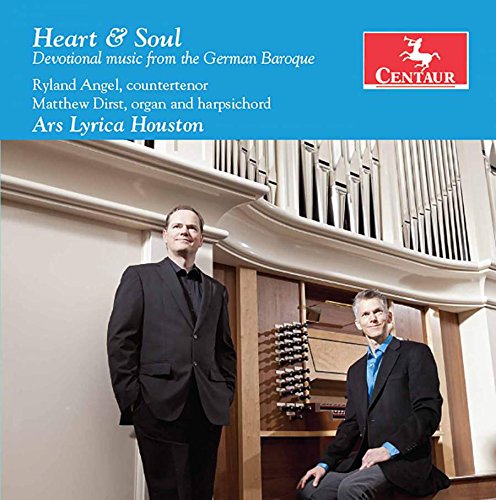 "CD cover with two men in suits near an organ, blue banner above."