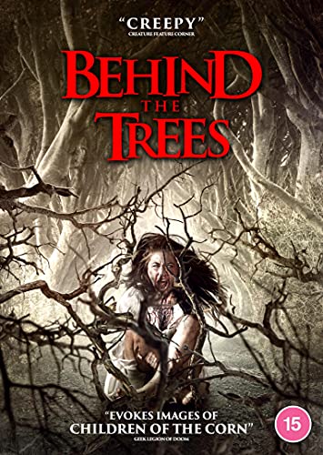 DVD cover for horror film "Behind The Trees" featuring a woman in a forest.