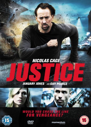 DVD cover for "Justice" featuring Nicolas Cage in a black shirt, with cityscape and actors below.