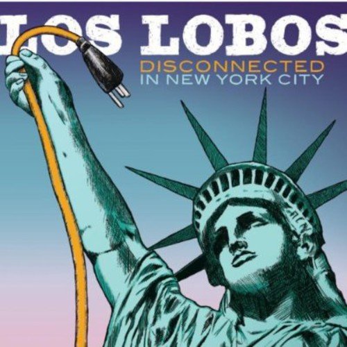 "Album cover featuring the Statue of Liberty holding an electrical plug, blue and pink background."