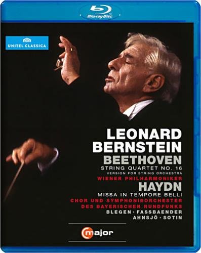 Blue-ray disc cover featuring Leonard Bernstein conducting, with white and red text on black background.