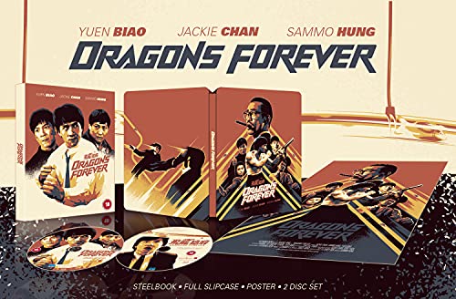 Dragons Forever Blu-ray steelbook set featuring slipcase, poster, and two discs.
