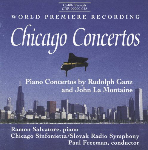 CD cover for "Chicago Concertos" featuring a piano and city skyline.