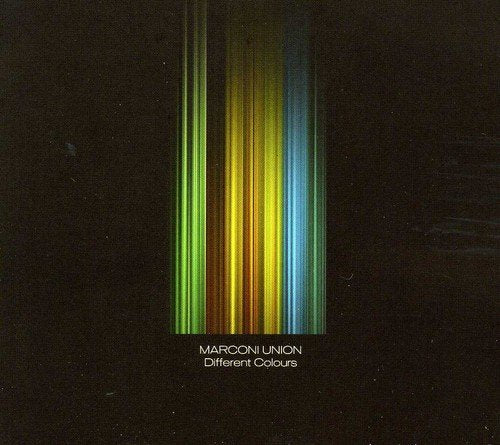 "CD cover with multicolored vertical stripes on a black background, text 'Marconi Union Different Colours'."