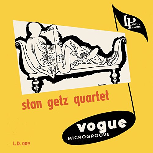 "Yellow album cover with black and white illustration of man playing saxophone on a chaise."
