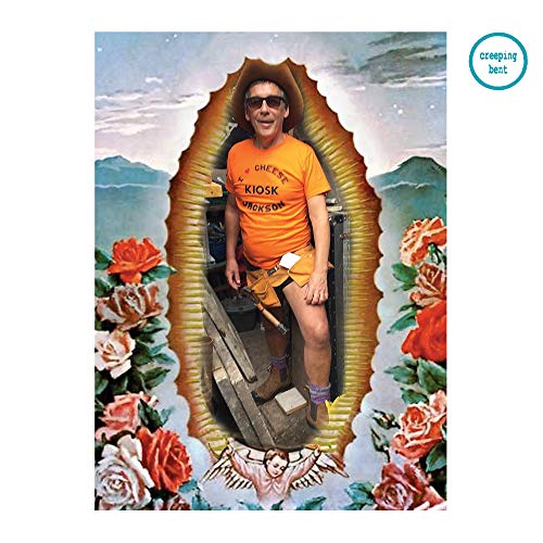 "Album cover with man in orange shirt emerging from ornate golden frame surrounded by flowers."