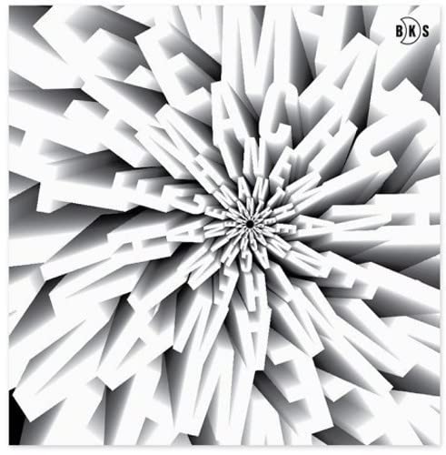 Abstract white and black geometric design with central text and logo.
