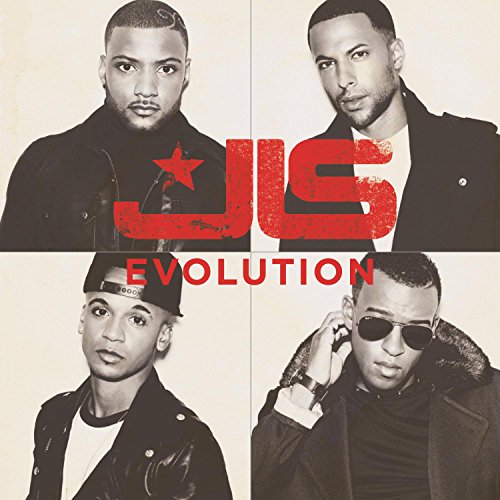 "Album cover with four black-and-white photos of men and red 'JLS Evolution' text."