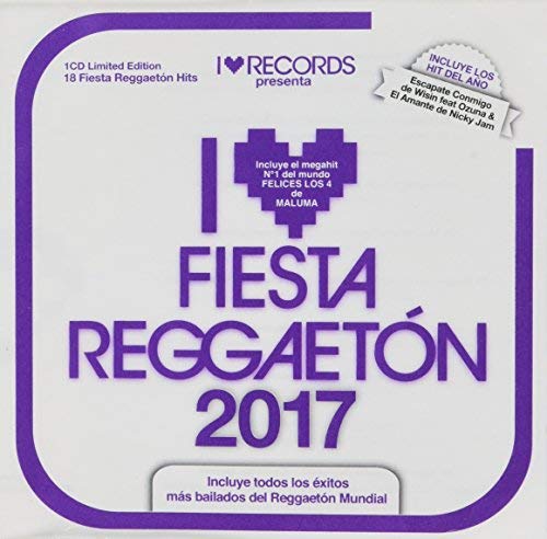 CD cover for “I Love Fiesta Reggaeton 2017” with purple text and heart.