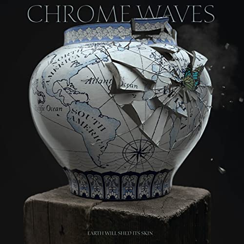CD cover: cracked world map vase with a butterfly, dark background.