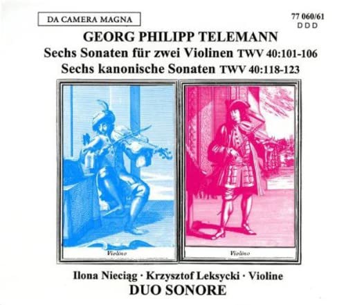 CD cover for Telemann’s sonatas featuring two 18th-century violinists.