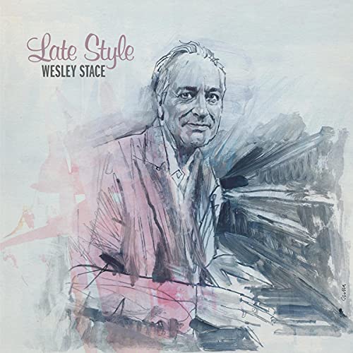 Sketch of Wesley Stace at a piano, album cover for "Late Style".