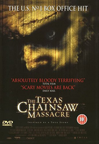 DVD cover for "The Texas Chainsaw Massacre" with a dark, shadowy face and red reviews.