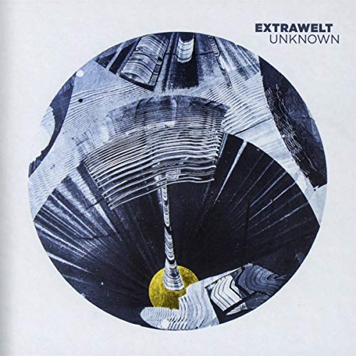 CD cover for Extrawelt’s “Unknown” with abstract blue and yellow geometric design.