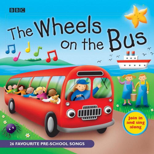 "Children's book cover featuring a red bus with children and a smiling driver."