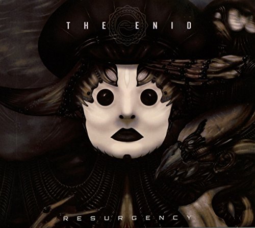 "Album cover art: dark, ornate figure with white mask and large eyes, 'The Enid Resurgency'."